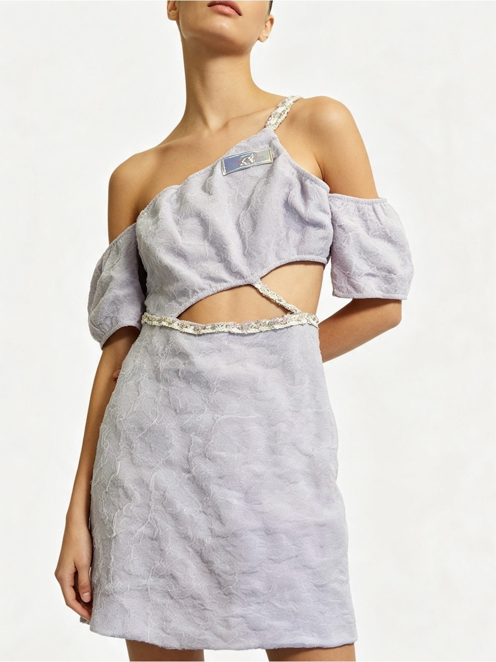 One-Shoulder Lilac Cutout Mini Dress with Braided Trim